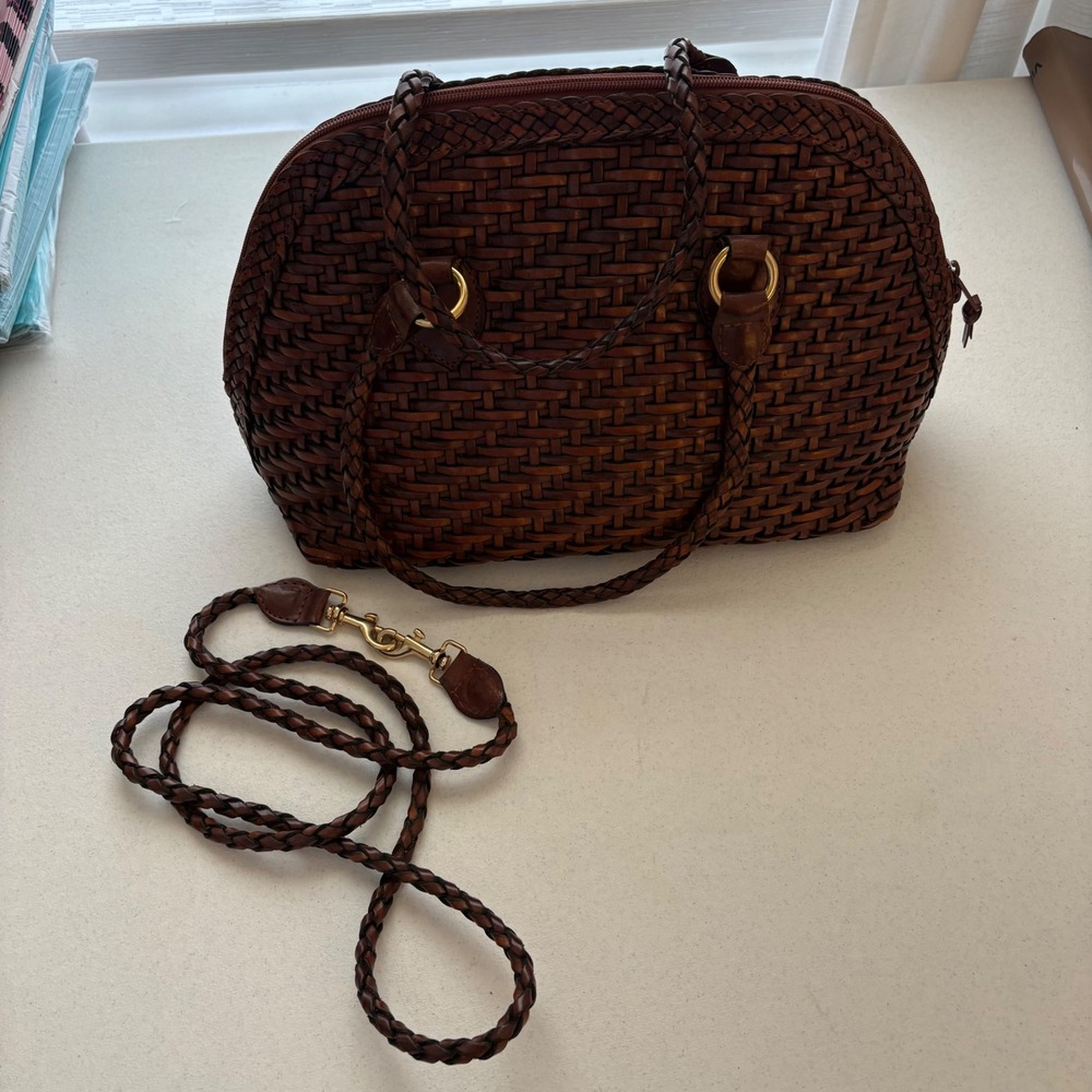 JLS Collection Brown Woven Leather Satchel Shoulder Bag Braided Brazil Vtg 90s